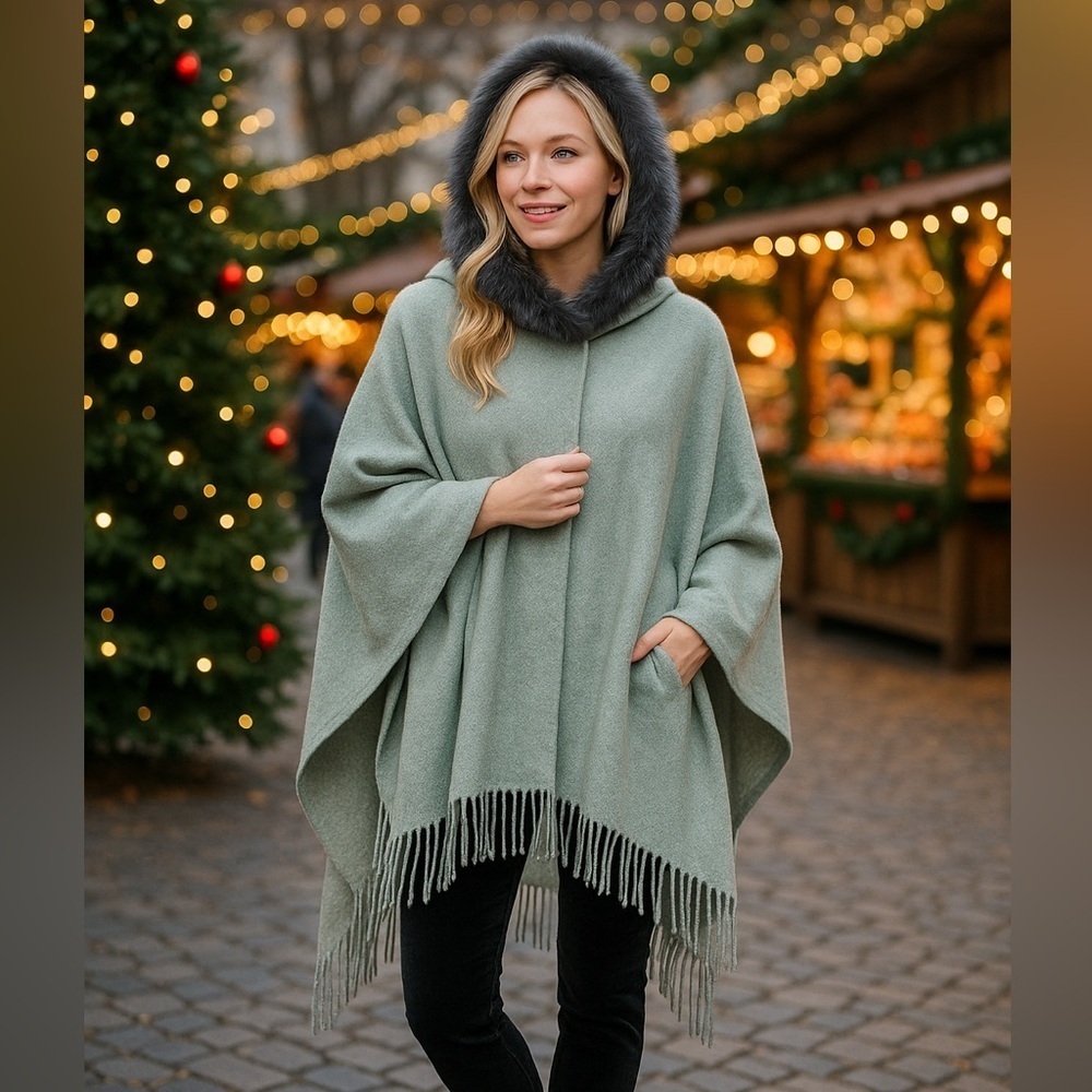 Echo New York Faux Fur Trim Hooded Poncho Shawl Wrap – One Size